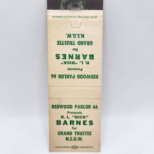Vintage Matchbook RL Dick Barnes Native Sons of the Golden West Redwood Parlor C